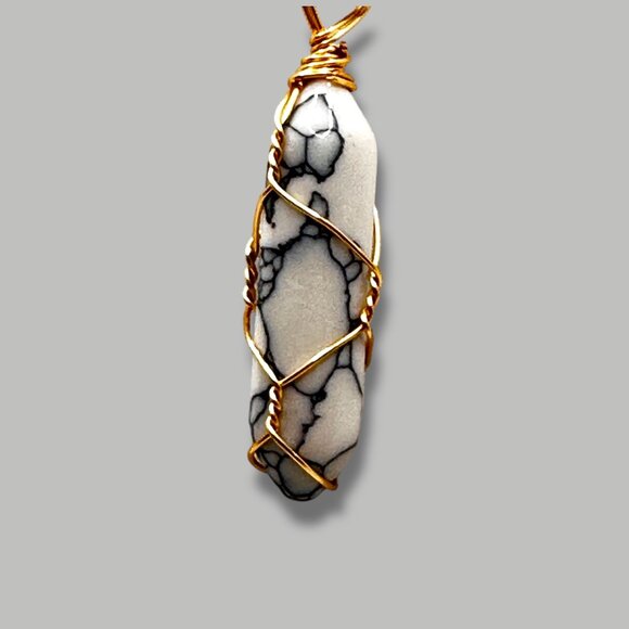 Wire-Wrapped Howlite Pendant Necklace On Black Cord With Adjustable Chain - Picture 3 of 6